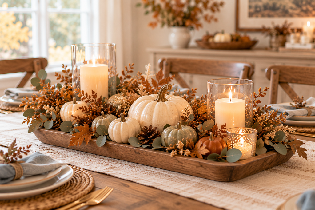 Simple Thanksgiving fall centerpiece with ivory pumpkins, brown autumn leaves, eucalyptus, pinecones, and glowing candles arranged in a rustic wooden tray.
