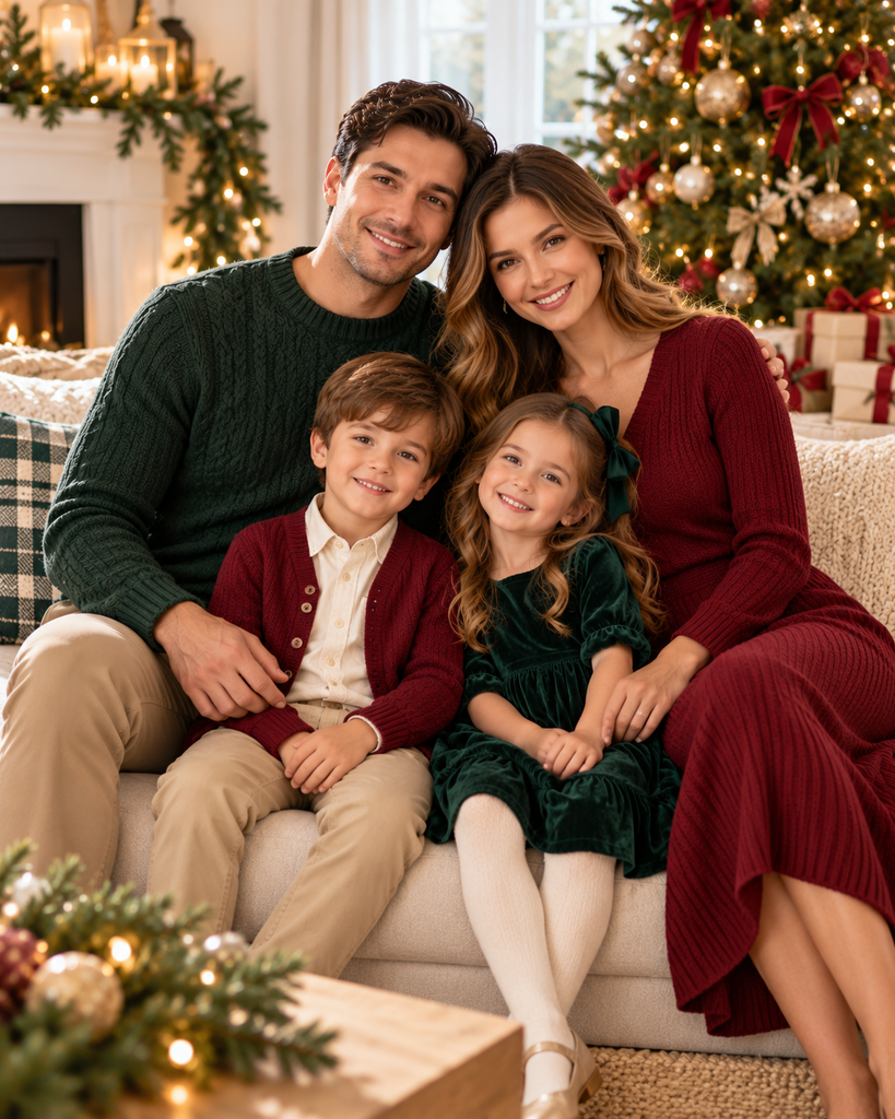 Family of four wearing coordinated burgundy and forest green Christmas outfits, including knit sweaters and a velvet dress