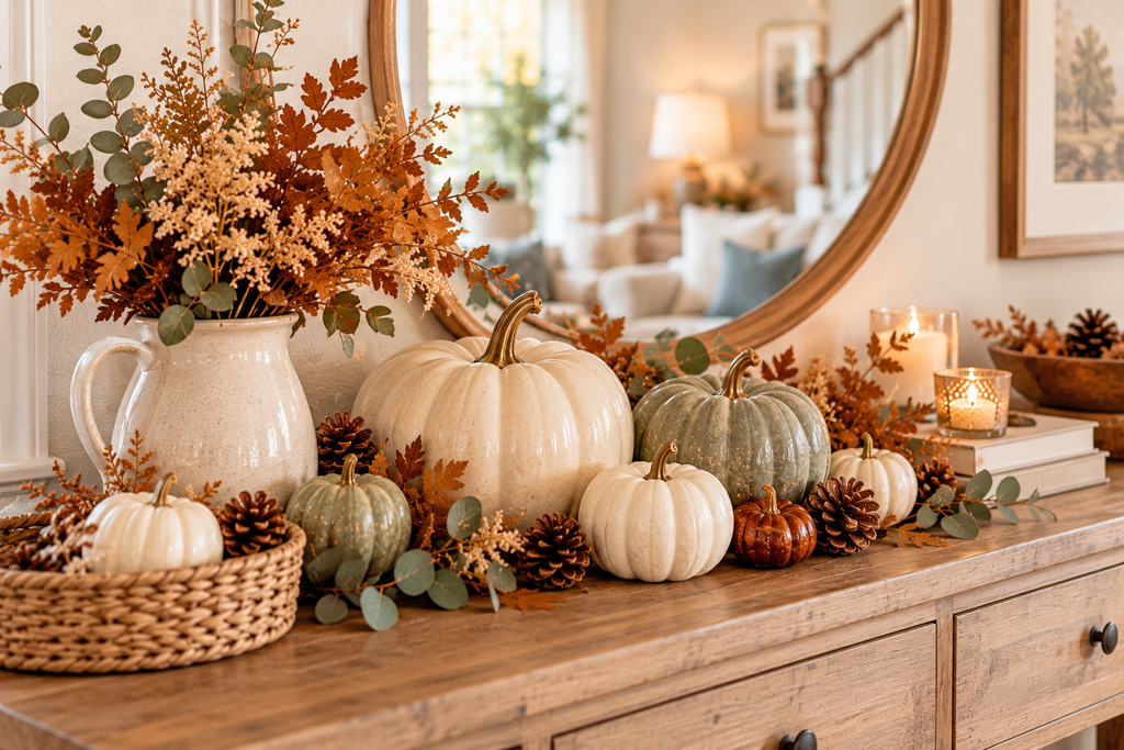 Decorative ivory, sage green, and rust-colored pumpkins arranged on a wooden console table with brown autumn foliage, pinecones, and cozy fall accents.