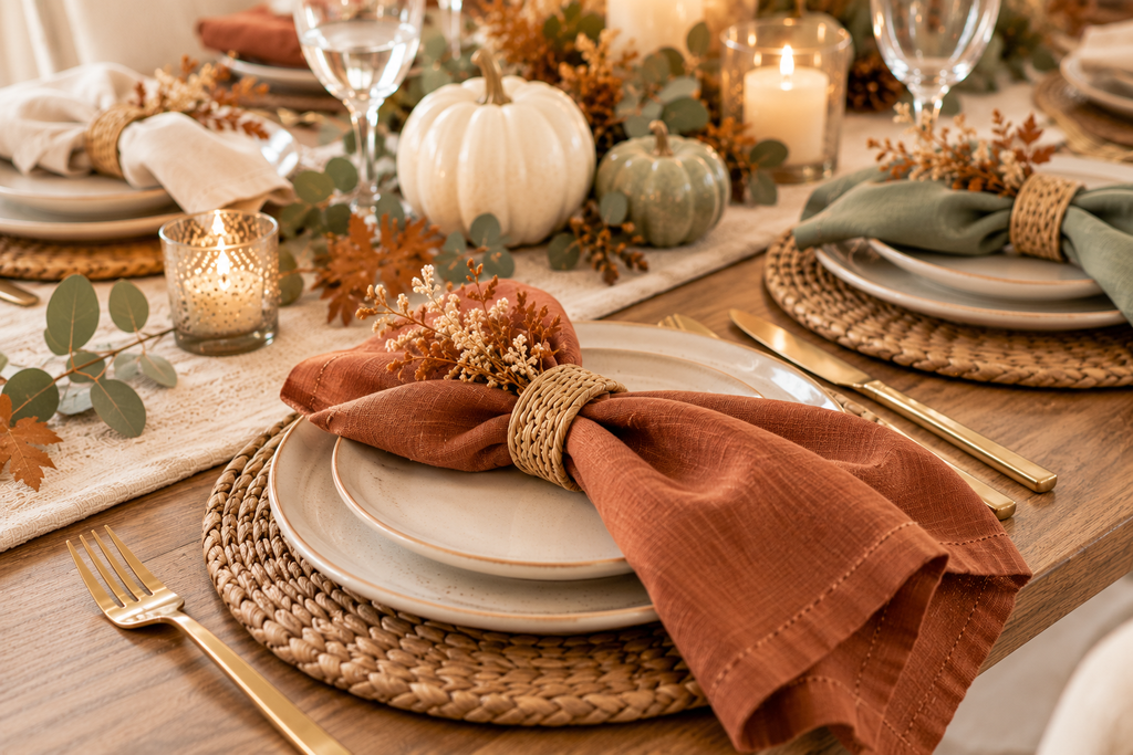 Elegant rust-colored linen napkin with a woven napkin ring on a Thanksgiving table featuring cream dinnerware, sage green accents, and autumn decorations.