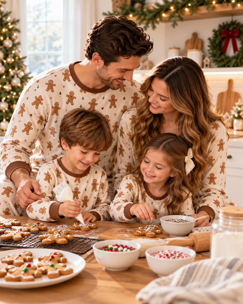 Family of four wearing matching gingerbread Christmas pajamas while decorating holiday cookies in a cozy kitchen
