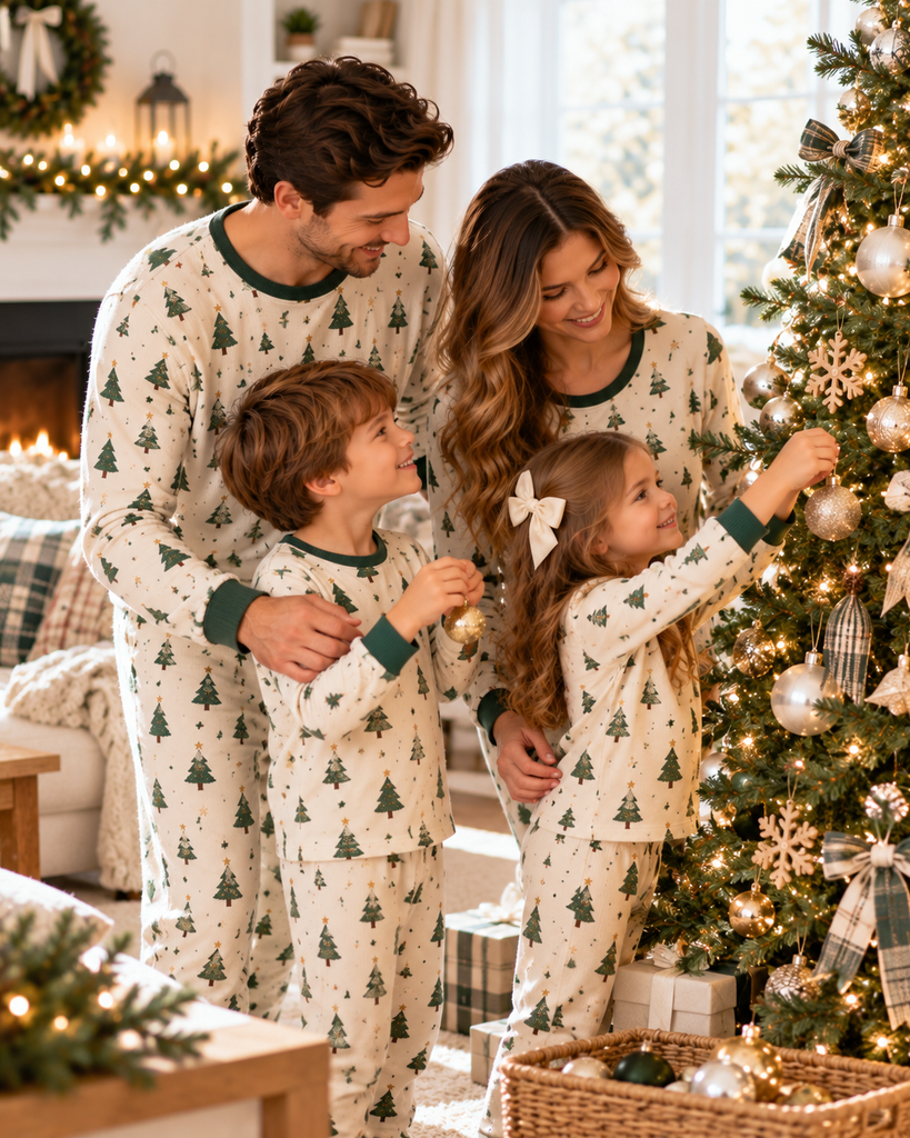 Family of four wearing matching cream Christmas tree print pajamas while decorating their Christmas tree together