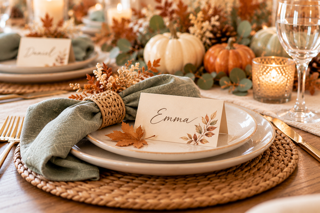 Elegant Thanksgiving place card with the handwritten name Emma, displayed on cream dinnerware with a sage green linen napkin, autumn leaves, and decorative pumpkins.