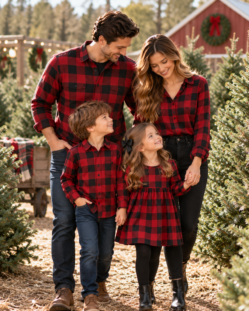 Family of four wearing coordinated red and black buffalo plaid Christmas outfits at a Christmas tree farm