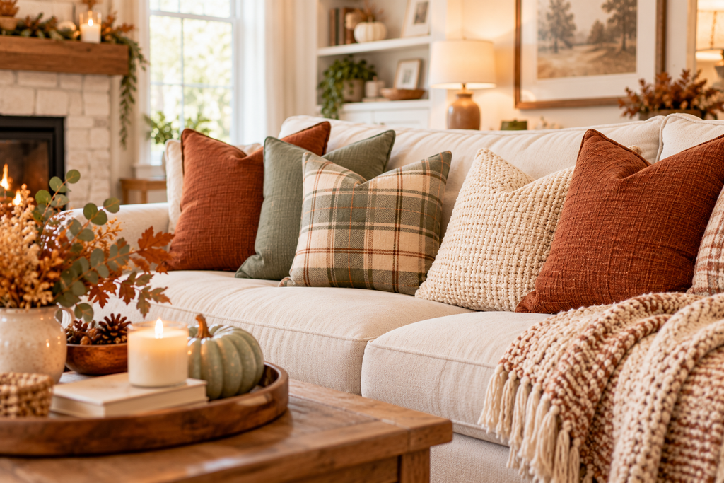 Cozy Thanksgiving living room with a cream sofa decorated with rust-colored, sage green, plaid, and knitted fall throw pillows.