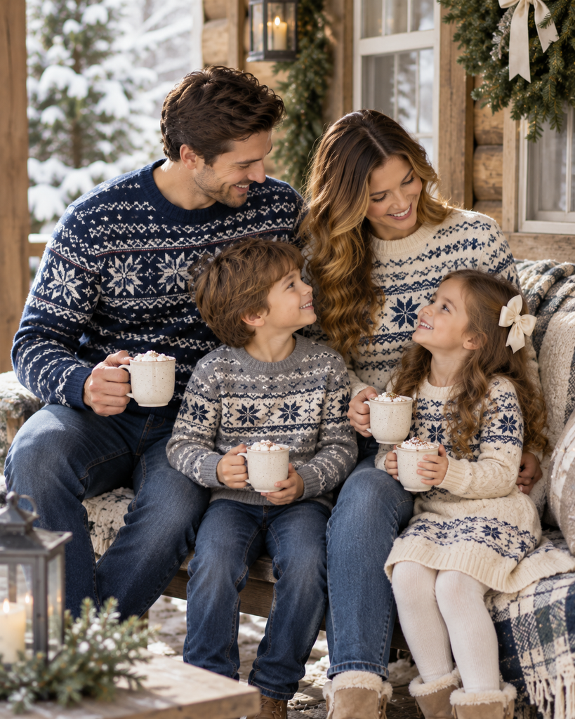 Family of four wearing coordinated navy, cream, and gray Fair Isle Christmas sweaters while enjoying hot chocolate on a winter cabin porch