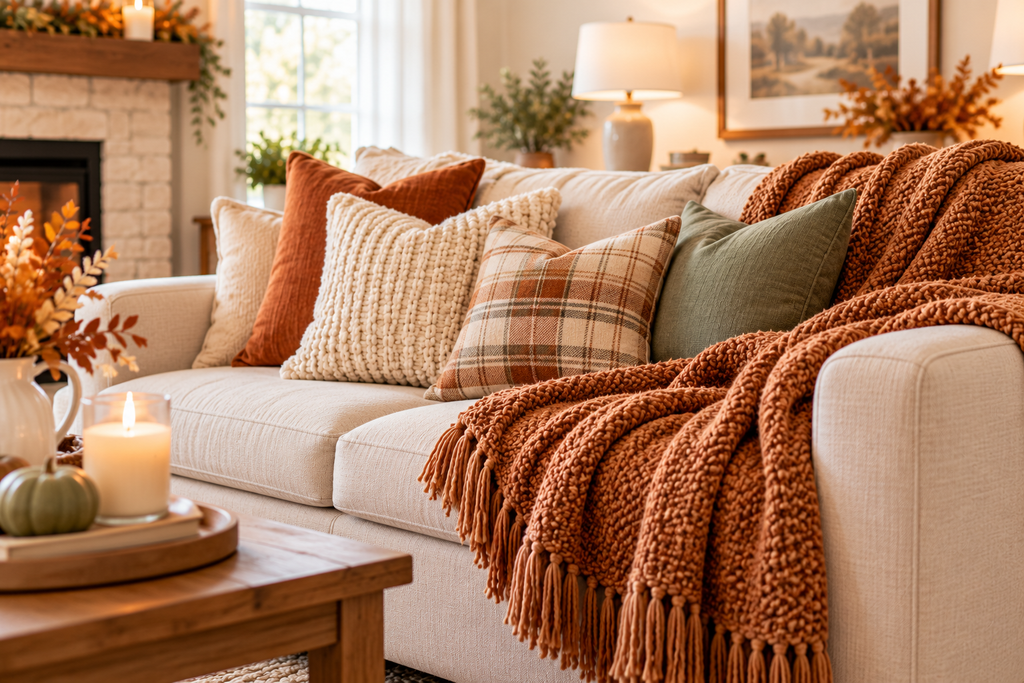 Cozy cream sofa with a rust-colored chunky knit fall throw blanket, textured pillows, and warm autumn living room decor.