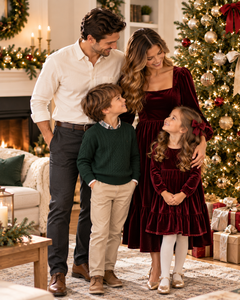 Family of four wearing elegant Christmas outfits with matching burgundy velvet dresses, a forest green sweater, and a cream shirt