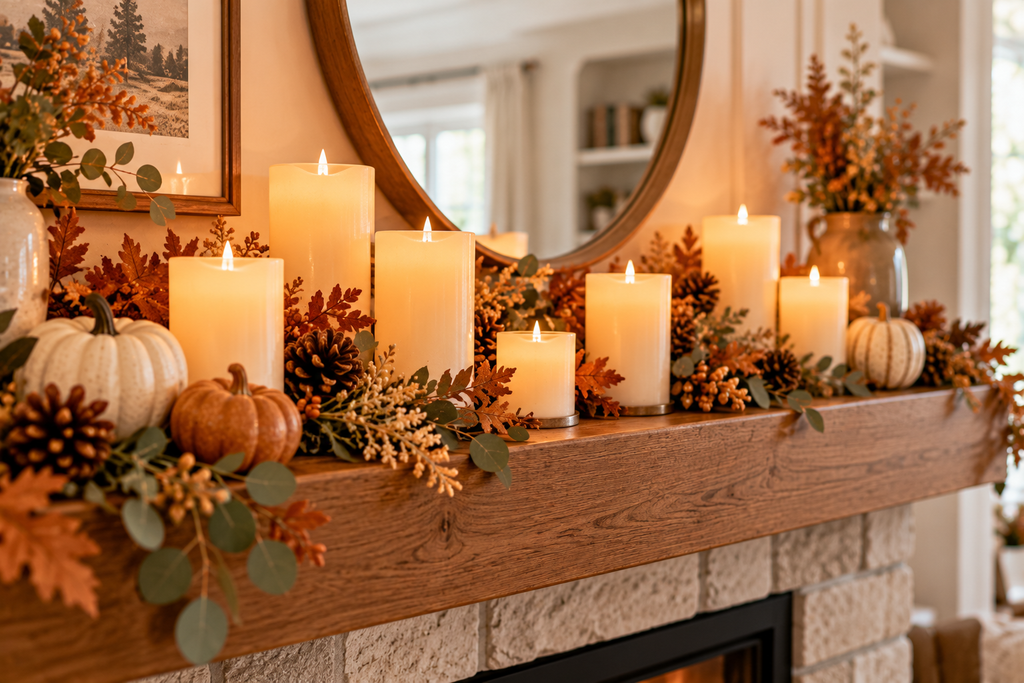 Warm LED flameless pillar candles arranged on a wooden fireplace mantel with ivory pumpkins, brown autumn leaves, eucalyptus, and cozy Thanksgiving decorations.
