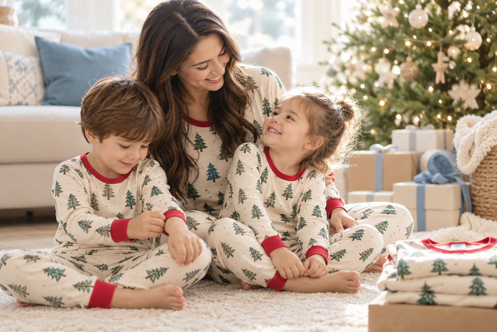 Mother and two young children wearing comfortable matching Christmas tree pajamas while relaxing together beside a decorated Christmas tree.