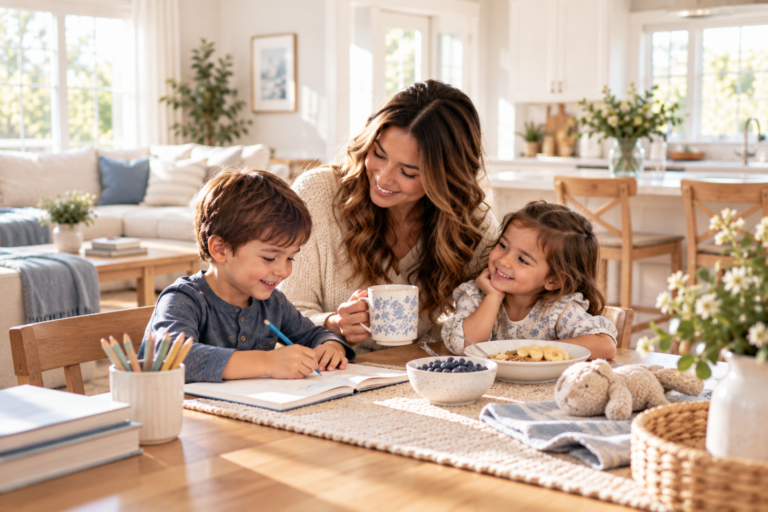 Mother spending a relaxed morning at home with her children at the kitchen table