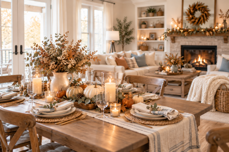 Thanksgiving decor essentials featuring a cozy dining table with fall centerpieces, decorative pumpkins, warm candles, and a welcoming autumn living room.