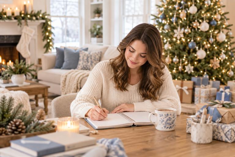 Mom planning Christmas at home beside a decorated Christmas tree
