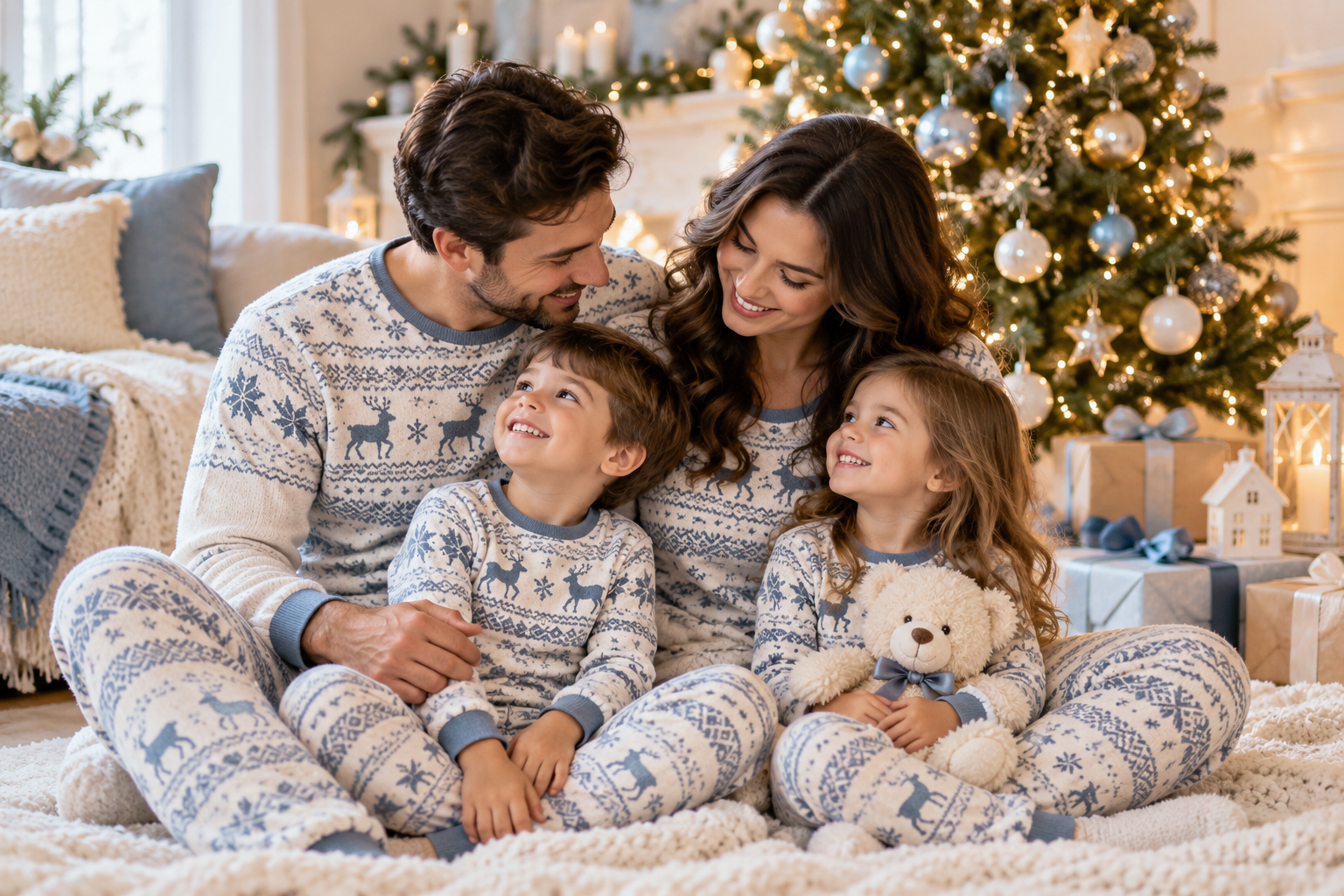 Matching family Christmas outfits featuring coordinated festive clothing for parents and children.
