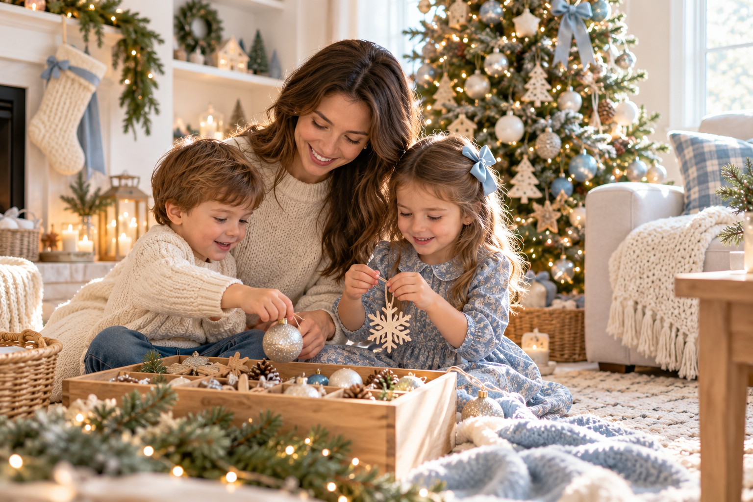 Mother and two young children making Christmas ornaments together beside a decorated tree.